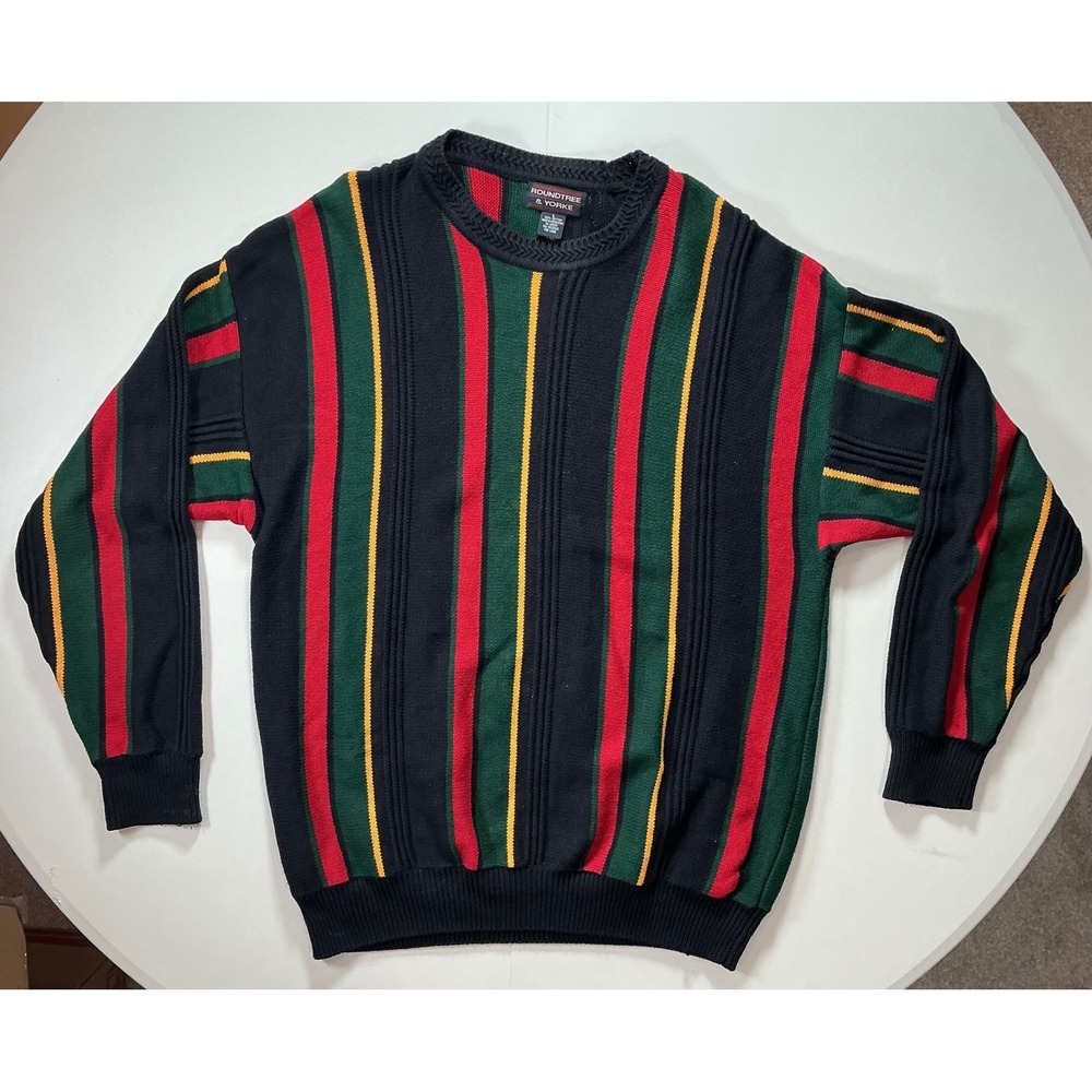 VTG Y2K Roundtree Yorke Color Block Heavy Sweater Striped Cotton Knit Mens L
